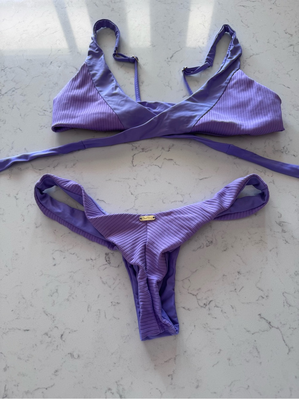 Beach bunny Lilac Ribbed Bikini Set size top medium, bottoms small